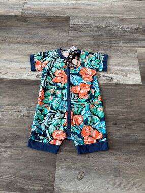 Bonds Navy Floral Zip Romper with Coral & Teal Print